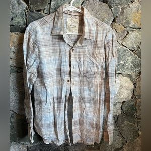 Tasso Elba Island beige/brown Plaid Button Down Linen Cotton shirt Med 15-15.5